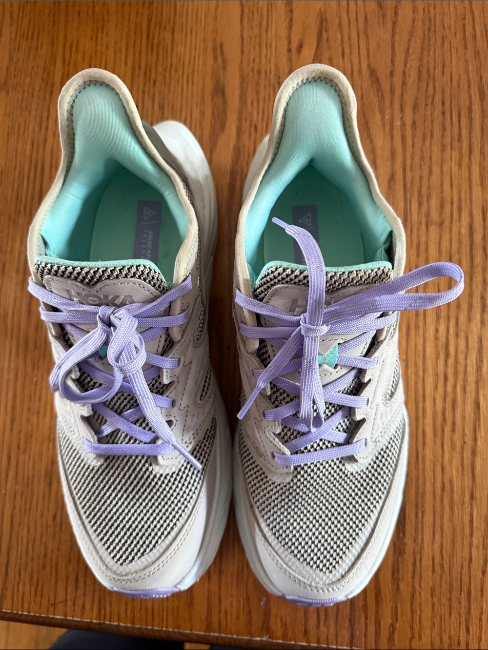 Hoka Anacapa Women's Taupe Sneakers with Lavender Laces and Aqua Interior